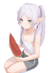 Rule 34 | 1girl, absurdres, black shorts, camisole, closed mouth, dress, earrings, eating, elf, flat chest, food, frieren, fruit, green eyes, highres, invisible chair, jewelry, long hair, looking at viewer, midriff, navel, pige pig, pointy ears, short eyebrows, shorts, simple background, sitting, solo, sousou no frieren, spaghetti strap, thick eyebrows, twintails, watermelon, watermelon slice, white camisole, white dress, white hair