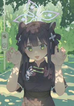 Rule 34 | 1girl, :d, absurdres, animal ears, black dress, black hair, blue archive, blunt bangs, blush, china dress, chinese clothes, chinese commentary, claw pose, commentary request, dappled sunlight, doodle sensei (blue archive), dress, extra ears, green eyes, hair ornament, halo, hands up, highres, long hair, looking at viewer, open mouth, outdoors, road sign, sensei (blue archive), short sleeves, shun (blue archive), shun (small) (blue archive), sign, smile, solo, sunlight, tiger ears, tiger girl, tree shade, twintails, upper body, xiaohatie