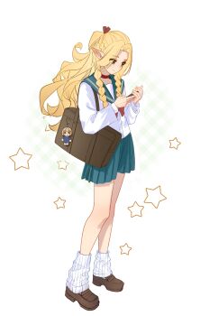 Rule 34 | 1girl, absurdres, alternate costume, alternate hairstyle, aqua sailor collar, aqua skirt, bag, bag charm, blonde hair, braid, braided sidelocks, brown shoes, character charm, charm (object), cheng songsongsong, chinese commentary, closed mouth, commentary request, contemporary, dungeon meshi, elf, falin touden, from side, full body, green eyes, half up braid, highres, holding, holding phone, jacket, layered sleeves, leg warmers, loafers, long hair, long sleeves, looking down, marcille donato, miniskirt, phone, pleated skirt, pointy ears, sailor collar, school bag, shoes, shoulder bag, skirt, sneakers, solo, standing, star (symbol), star symbol background, white background, white jacket, white leg warmers