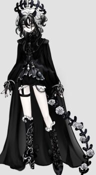 1girl black_boots black_cape black_gloves black_hair black_halo black_jacket black_nails black_shorts boots cape closed_mouth cloud_(lufaeris) commentary english_commentary fingerless_gloves flower full_body gloves grey_background grey_eyes hair_between_eyes halo high_heel_boots high_heels horns jacket long_sleeves looking_at_viewer medium_hair multicolored_hair one_side_up original shorts simple_background skeletal_tail solo tail two-tone_hair unfinished white_flower white_hair