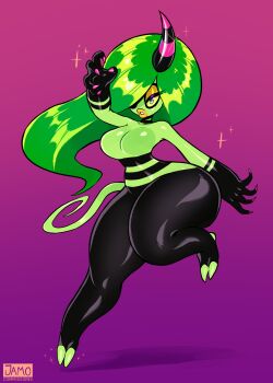 1girl absurdres blue_eyes breasts colored_sclera curvy female_focus full_body green_hair hair_over_one_eye highres horns jamoart large_breasts lips long_hair looking_at_viewer monster_girl nail_polish simple_background single_horn solo sonic_(series) sonic_lost_world tail thick_thighs thighs wide_hips yellow_sclera zeena