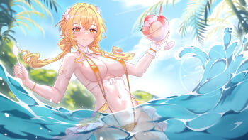 1girl absurdres bare_shoulders blonde_hair blue_sky blush bracelet breasts chinese_commentary cleavage cloud collarbone commentary_request cowboy_shot crossed_bangs day drill_hair fenny_golden food groin hair_between_eyes hair_intakes hair_ornament hair_rings highres holding holding_food holding_ice_cream holding_spoon ice_cream incredibly_absurdres jewelry large_breasts long_hair looking_at_viewer low_twintails navel orange_hair orange_slingshot_swimsuit outdoors palm_tree parted_lips partially_underwater_shot scrunchie shell shell_hair_ornament showgirl_skirt sidelocks sky slingshot_swimsuit smile snowbreak:_containment_zone solo spoon standing stomach swimsuit tree twin_drills twintails water wrist_scrunchie zc007