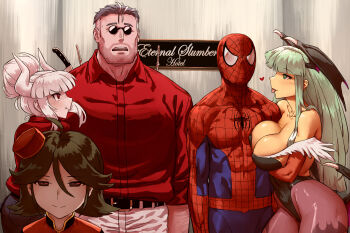 2boys 3girls animal_print arm_hair bare_shoulders bat_print belt black_belt black_horns black_leotard blue_bodysuit bodysuit breasts closed_mouth couple crossover cursive darkstalkers demon demon_girl demon_horns demon_wings elevator elevator_girl_(the_elevator) elevator_operator english_text green_eyes haraya_manawari head_wings heart helltaker helltaker_(character) highres horns indoors jealous large_breasts leotard long_hair looking_at_another low_wings lucifer_(helltaker) marvel marvel_vs._capcom morrigan_aensland multicolored_bodysuit multiple_boys multiple_crossover multiple_girls pants pantyhose print_bodysuit print_pantyhose red_bodysuit red_eyes red_shirt round_eyewear shirt short_hair slit_pupils smile spider-man spider-man_(series) spider_print spider_web_print split_mouth sunglasses superhero_costume textless_version the_elevator_(game) tongue tongue_out two-tone_bodysuit white_pants wings