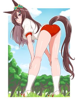 1girl absurdres animal_ears ass bent_over blue_sky blush border bow breasts brown_hair buruma cloud cloudy_sky commentary day ear_bow enukee from_behind gym_shirt hands_on_own_knees highres horse_ears horse_girl horse_tail kneepits long_hair looking_at_viewer looking_back medium_breasts mejiro_dober_(umamusume) open_mouth outdoors red_buruma shirt shoes short_sleeves sky socks solo standing striped_bow tail thighs tree umamusume white_border white_shoes white_socks
