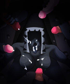 1girl 5boys breasts bukkake cum cum_on_body cum_on_breasts cum_on_upper_body facial fatal_frame fatal_frame_iii:_the_tormented ghost ghost_girl handjob hetero kuze_yashuu multiple_boys nipples saittamicus spectrophilia