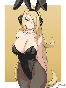 Rule 34 | 1girl, absurdres, alternate costume, animal ear hairband, animal ears, arms behind back, bare shoulders, black hairband, black leotard, blonde hair, border, breasts, brown pantyhose, cleavage, closed mouth, collarbone, cynthia (pokemon), detached collar, fake animal ears, garloo, grey eyes, hair ornament, hair over one eye, hairband, highres, large breasts, leotard, long hair, looking at viewer, nintendo, pantyhose, playboy bunny, pokemon, pokemon dppt, rabbit ear hairband, rabbit ears, smile, solo, very long hair, white border, wide hips