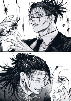 2boys absurdres blood blood_on_clothes blood_on_face choso_(jujutsu_kaisen) collared_shirt facial_mark formal_clothes getou_suguru getou_suguru_(kenjaku) greyscale hair_bun hair_slicked_back hemokinesis highres jacket jozpic jujutsu_kaisen male_focus medium_hair monochrome multiple_boys necktie plug_(piercing) powering_up shirt short_hair short_twintails stitched_forehead suit suit_jacket twintails