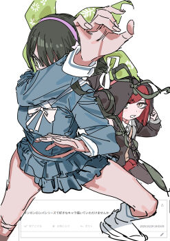 2girls absurdres black_hair black_jacket blue_shirt blue_skirt blush breasts brown_eyes chabashira_tenko collared_shirt danganronpa_(series) danganronpa_v3:_killing_harmony fighting_stance green_eyes hair_ribbon hairband hands_up haruyuki_(gffewuoutgblubh) hat hat_belt highres jacket layered_skirt long_hair long_sleeves multiple_girls pink_hairband pleated_skirt red_hair request_inset ribbon sailor_collar school_uniform shirt short_hair simple_background sketch skirt twintails white_background witch_hat yumeno_himiko