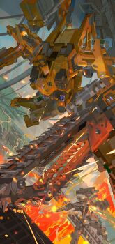 621_(armored_core_vi) absurdres armored_core armored_core_vi:_fires_of_rubicon chainsaw dual_wielding extra_eyes flying gun highres holding holding_gun holding_weapon honest_brute loader_4 mecha mecha_focus milk_tooth_(armored_core_vi) missile_pod no_humans nslacka robot rocket_pods weapon weapon_on_back