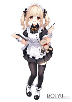 1girl :d apron black_shirt black_skirt black_thighhighs blonde_hair bow collared_shirt commentary_request dress_shirt frilled_apron frills full_body hair_between_eyes holding holding_pen loading_(verjuice) looking_at_viewer maid maid_apron maid_headdress open_mouth orange_bow original pen pleated_skirt puffy_short_sleeves puffy_sleeves red_eyes shirt shoes short_sleeves simple_background skirt smile solo standing stuffed_animal stuffed_toy teddy_bear thighhighs twintails white_apron white_background white_shoes wrist_cuffs