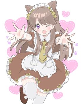 1girl ;d alternate_costume apron blush bow brown_dress brown_hair brown_shoes commentary dress foot_out_of_frame frilled_apron frills fujishima_megumi hair_bow hashtag-only_commentary heart heart_background highres leg_up link!_like!_love_live! looking_at_viewer love_live! maid maid_apron maid_headdress mary_janes momoi_shigeki necktie nyan_nyan_nyan_fair_in_gamers one_eye_closed open_hands open_mouth paw_print paw_print_background pink_background puffy_short_sleeves puffy_sleeves purple_eyes shoes short_sleeves smile solo thighhighs tie_clip virtual_youtuber white_apron white_thighhighs yellow_background yellow_bow yellow_necktie zettai_ryouiki