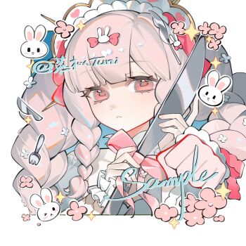 1girl artist_name bow braid closed_mouth commission eyelashes flower fork frilled_wrist_cuffs frills hair_ornament headdress highres holding holding_knife knife long_hair looking_at_viewer mihuashi_commission original pink_bow pink_eyes pink_flower pink_hair portrait rabbit sample_watermark solo square tuni_(weibo_5659389536) watermark white_wrist_cuffs wrist_cuffs