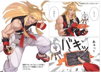 1boy :d black_shirt blonde_hair commentary_request cracked_phone cracked_screen emphasis_lines fingerless_gloves flying_sweatdrops gen_4_pokemon gen_6_pokemon gloves holding holding_poke_ball ivor_(pokemon) klefki long_hair male_focus mitama_(mokochiko) muscular muscular_male nintendo open_mouth orange_eyes pants poke_ball pokemon pokemon_(creature) pokemon_legends:_z-a poking rotom rotom_phone shirt sidelocks sleeveless sleeveless_shirt smile speech_bubble strong toes translation_request trembling ultra_ball white_pants