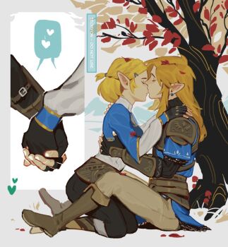 armor artist_name black_gloves black_pants blonde_hair blue_shirt blue_tunic boots brown_boots closed_eyes earrings fingerless_gloves full_body gloves grey_pants hair_ornament hair_tie hairclip half_updo hands_on_another&#039;s_shoulders heart holding_hands imminent_kiss jewelry kneeling leaf leaf_on_head link long_hair nintendo pants ponytail princess_zelda pyonteo shirt short_hair short_ponytail shoulder_armor sitting spoken_heart the_legend_of_zelda the_legend_of_zelda:_breath_of_the_wild the_legend_of_zelda:_tears_of_the_kingdom tree tunic under_tree