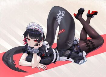 1girl :/ black_dress black_footwear black_hair breasts closed_mouth colored_inner_hair dress ellen_joe fins fish_tail frilled_wristband full_body gabriel_carrasquillo hairband hand_on_own_cheek hand_on_own_face head_rest high_heels large_breasts legs_up looking_at_viewer lying maid maid_headdress metal_hairband mole mole_on_arm mole_under_eye multicolored_hair on_stomach pantyhose print_pantyhose pumps red_eyes red_hair red_nails scar scar_on_tail shark_girl shark_tail short_hair short_sleeves solo spiked_headband tail thighs two-tone_hair zenless_zone_zero