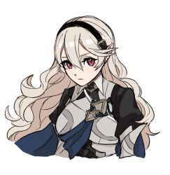 Rule 34 | 1girl, black hairband, blue cape, cape, corrin (female) (fire emblem), corrin (fire emblem), cropped torso, fire emblem, fire emblem fates, grey hair, hair between eyes, hairband, long hair, long sleeves, looking at viewer, nintendo, pointy ears, red eyes, solo, upper body, white background, yuki12046