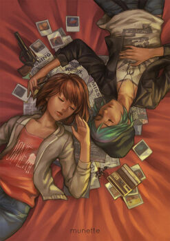 2girls artist_name beanie bed black_jacket blue_hair brown_hair camera charm_(object) chloe_price closed_eyes collarbone denim english_text gun hair_between_eyes hand_on_own_stomach handgun hat indoors jacket jeans jewelry key life_is_strange_(series) life_is_strange_1 lips long_sleeves lying max_caulfield multicolored_hair multiple_girls munette necklace newspaper on_back pale_skin pants photo_(object) pink_hair pink_shirt polaroid_photo revolver shirt short_hair sleeping three-quarter_sleeves two-tone_hair weapon white_jacket white_shirt