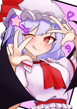 1girl absurdres ascot bat_wings blue_hair blush collared_shirt commentary_request double_v frilled_shirt_collar frills hair_between_eyes hands_up hat hat_ribbon heart heart_print highres looking_at_viewer mob_cap one_eye_closed pink_hat pink_shirt puffy_short_sleeves puffy_sleeves red_ascot red_eyes red_ribbon remilia_scarlet ribbon shirt short_hair short_sleeves sirabai_hiro smile solo star_(symbol) tongue tongue_out touhou v wings