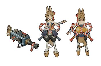 1girl absurdres animal_ears back bare_shoulders blonde_hair fox_ears fox_tail ghost_(tama) gourd hair_bun highres japanese_clothes okobo original platform_sandals reference_sheet rope sandals shimenawa simple_background socks tail weapon white_background white_socks yellow_eyes