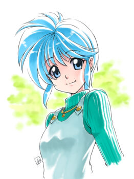 Rule 34 | 1girl, blue eyes, blue hair, commentary request, green sweater, looking at viewer, nekomaru (nekohouse), nijino saki, retro artstyle, short hair, sidelocks, smile, sweater, tokimeki memorial, tokimeki memorial 1, upper body, vest