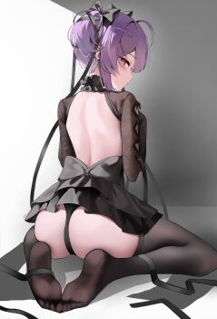 1girl absurdres ass back black_panties black_skirt black_thighhighs bomrung commentary_request from_behind goddess_of_victory:_nikke highres korean_commentary liberalio_(dreaming_lake)_(nikke) liberalio_(nikke) looking_at_viewer no_shoes official_alternate_costume panties purple_eyes purple_hair short_hair skirt soles solo thighhighs toes underwear
