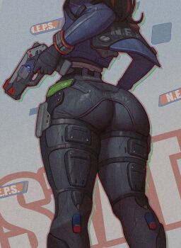 Rule 34 | 1girl, ass, ass focus, black hair, black pants, blue jacket, clozzy01, commentary, english commentary, film grain, from behind, grey background, gun, head out of frame, high-waist pants, highres, holding, holding gun, holding weapon, jacket, lower body, multicolored hair, pants, red hair, solo, streaked hair, tight clothes, tight pants, weapon, zenless zone zero, zhu yuan