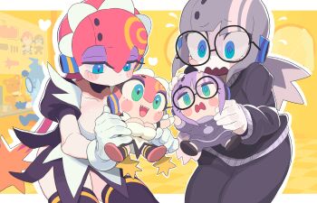 2girls @_@ black_thighhighs blue_eyes blush bommina bommina_the_maidroid breasts character_request collarbone commentary eyeshadow gashi-gashi glasses gloves highres large_breasts long_hair makeup multiple_girls nerdroid open_mouth pink_hair purple_eyeshadow sharp_teeth symbol-only_commentary teeth thighhighs upper_teeth_only white_gloves