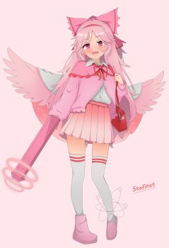 1girl absurdres alternate_color alternate_costume arm_cannon artist_name atom bag bird_girl bird_wings blush bow commentary english_commentary gradient_clothes gradient_skirt hair_bow hairband highres holding_strap jacket long_hair long_sleeves looking_at_viewer open_mouth parted_bangs pink_background pink_bow pink_eyes pink_jacket pink_shoes pink_skirt pink_theme pink_wings pleated_skirt red_bag red_hairband reiuji_utsuho shirt shoes shoulder_bag simple_background skirt smile solo stefinat thighhighs touhou weapon white_hair white_shirt white_skirt white_thighhighs wings zettai_ryouiki