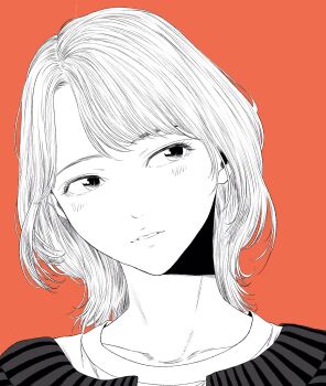 Rule 34 | 1other, androgynous, commentary request, eyebrows hidden by hair, greyscale with colored background, head tilt, highres, lee (dragon garou), light blush, medium hair, orange background, original, other focus, parted lips, shirt, sideways glance, solo, striped clothes, striped shirt, vertical-striped clothes, vertical-striped shirt