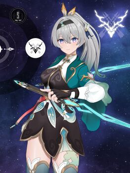 1girl adapted_costume alternate_costume alternate_hairstyle black_dress blue_eyes breasts closed_mouth cowboy_shot dress dual_wielding firefly_(honkai:_star_rail) frilled_sleeves frills gameplay_mechanics grey_hair hair_between_eyes hair_intakes hair_ornament hair_ribbon highres holding holding_sword holding_weapon honkai:_star_rail honkai_(series) klashikari large_breasts long_hair looking_at_viewer march_7th_(honkai:_star_rail) march_7th_(hunt)_(honkai:_star_rail) multicolored_eyes multicolored_hair pink_eyes ponytail ribbon smile solo space sword thighhighs two-tone_eyes user_interface weapon