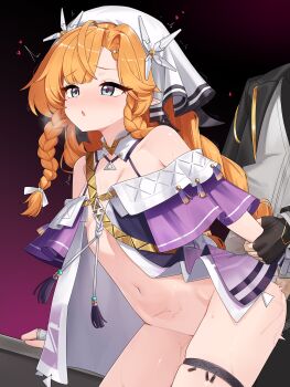 1boy 1girl absurdres ass_ripple bare_shoulders black_gloves black_jacket blush bow braid commentary doggystyle dress fingerless_gloves gloves grabbing_another's_arm gradient_clothes gradient_dress hair_bow heart highres jacket long_hair male_rover_(wuthering_waves) multiple_braids nabiyan navel no_bra no_panties nude off-shoulder_jacket off_shoulder orange_hair paid_reward_available parted_bangs pointy_ears rover_(wuthering_waves) sex sex_from_behind shirt sigrika_(wuthering_waves) skindentation stomach sweat thigh_strap thighs veil white_bow white_gloves white_veil wuthering_waves