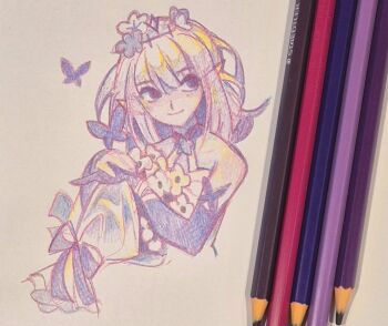 1girl bare_shoulders bug butterfly castorice_(honkai:_star_rail) commentary elbow_gloves english_commentary gloves honkai:_star_rail honkai_(series) insect looking_to_the_side pointy_ears purple_gloves purple_hair smile solo traditional_media unagii_(unagiiri) upper_body