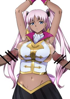 1girl 2boys arms_up artist_request black_skirt blue_eyes breasts catherine_sabathra code_geass code_geass:_dakkan_no_roze dark-skinned_female dark_skin earrings hair_ornament highres jewelry large_breasts long_hair miniskirt multiple_boys penis pink_hair simple_background skirt sweat twintails white_background wrist_cuffs