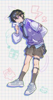 Rule 34 | 1boy, animal ears, arm behind back, armband, bent over, black choker, black hair, black socks, blue shirt, blue shoes, cat, cat ears, cat tail, choker, collared shirt, commentary, doodle inset, drawn ears, drawn tail, drop shadow, envelope, full body, gift, green outline, grey shorts, grid background, hair ornament, hairclip, highres, holding, holding envelope, holostars, jacket, kanade izuru, legwear garter, letterman jacket, lightning bolt, lightning bolt hair ornament, lightning bolt symbol, long sleeves, male focus, official alternate costume, outline, plaid clothes, plaid shorts, purple eyes, purple jacket, shirt, shoes, short hair, shorts, smile, sneakers, socks, solo, suspender shorts, suspenders, tail, thigh strap, unhinged izuru (kanade izuru), untranslatable commentary, virtual youtuber, wuji g