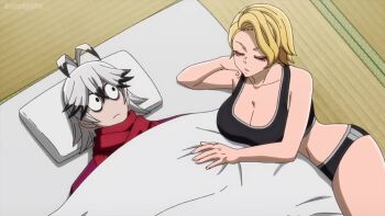 1boy 1girl 2025 20s animated anime_screenshot antenna_hair ass audible_speech black_sports_bra blonde_hair bouncing_breasts breasts character_request cleavage grey_hair japanese_audio large_breasts looking_at_another lying matching_hair/eyes midriff multicolored_eyes multicolored_hair navel on_back on_bed on_side sazanami_kuina scared short_hair smile sports_bikini sports_bra standing surprised sweat tagme thighs tongue tougen_anki two-tone_hair video walking yellow_eyes