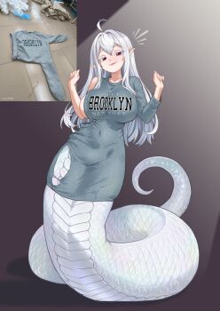 1girl :3 ahoge asymmetrical_sleeves blush breasts brooklyn_sweater_(meme) brown_background colored_skin cotton_(snake_in_the_office) full_body groping_motion impossible_clothes lamia large_breasts long_hair looking_at_viewer meme monster_girl photo_(medium) pointy_ears red_eyes sideboob smile snake_tail sweater tail tony_kuusisto torn_clothes white_hair white_skin
