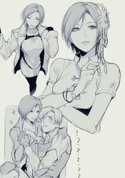 1boy 1girl ? ada_wong arm_around_shoulder black_boots blush boots breasts bulletproof_vest china_dress chinese_clothes coat collarbone commentary_request dress flower fur-trimmed_coat fur_trim greyscale hair_flower hair_ornament highres holding_hands interlocked_fingers jewelry leon_s._kennedy medium_breasts monochrome necklace nuboo2836 parted_bangs parted_lips police police_uniform resident_evil resident_evil_4 resident_evil_4_(remake) resident_evil_6 ribbed_dress shared_clothes short_dress short_hair short_sleeves sparkle sweatdrop sweater sweater_dress thigh_boots