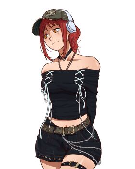 1girl absurdres arms_behind_back artist_name bare_shoulders baseball_cap belt black_choker black_shirt black_shorts blush braid braided_ponytail breasts chain chain_necklace chainsaw_man choker collarbone commentary cross-laced_clothes cross-laced_top denim denim_shorts english_text green_belt grey_hat hat head_tilt headphones highres jewelry large_breasts long_hair long_sleeves looking_to_the_side low_ponytail makima_(chainsaw_man) midriff midriff_peek navel necklace off-shoulder_shirt off_shoulder orange_eyes parted_bangs pluvion ponytail red_hair ringed_eyes shirt shoelaces shorts sidelocks simple_background single_braid solo thigh_strap thighs white_background