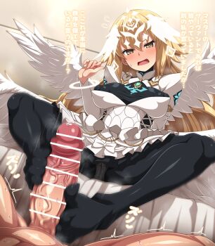 Rule 34 | 1boy, 1girl, absurdres, azatychan, bar censor, bed, black dress, blush, bracelet, breasts, censored, commentary request, covered erect nipples, dress, erection, fate/grand order, fate (series), feathered wings, footjob, headpiece, hetero, highres, jeanne d'arc (fate), jewelry, juliet sleeves, long hair, long sleeves, medium breasts, metatron jeanne (fate), metatron jeanne (third ascension) (fate), multiple wings, open mouth, penis, puffy sleeves, sitting, spread legs, two-tone dress, white dress, wings