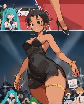Rule 34 | 1girl, absurdres, betty boop, betty boop (character), black dress, black eyes, black hair, breasts, cleavage, comic, dress, earrings, eyebrows, gold necklace, hatsune miku, high heels, highres, hoop earrings, jewelry, medium breasts, messy hair, necklace, rakeemspoon, short hair
