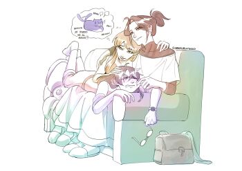 3girls black_hair blanket brown_hair cheek_pinching commentary couch english_commentary full_body grassjellyg00d hair_bun han_sooyoung hand_on_another's_head hand_on_another's_shoulder head_on_another's_shoulder highres holding holding_removed_eyewear jung_heewon leaning_on_person long_hair lying multiple_girls omniscient_reader's_viewpoint on_stomach pinching sitting slippers unworn_eyewear watch wristwatch yoo_sangah yuri