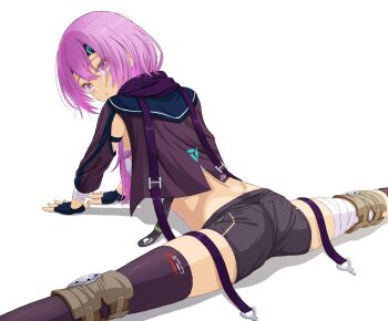 Rule 34 | 1girl, arm support, ass, back, bandaged leg, bandages, black gloves, black headband, black shorts, black thighhighs, commentary, dutch angle, eyelashes, eyes visible through hair, feet out of frame, fingerless gloves, flexible, from behind, gloves, hair between eyes, headband, heaven burns red, highres, leaning forward, long hair, looking at viewer, looking back, matsuoka chiroru, mochimugi rice, parted lips, pink eyes, pink hair, purple scarf, scarf, short shorts, shorts, simple background, single thighhigh, sitting split, solo, split, stretching, thighhighs, thighs, white background