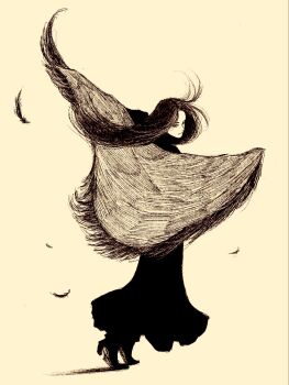 1girl black_dress black_hair dress feathers full_body greyscale highres long_hair looking_at_viewer looking_to_the_side monochrome original solo tp_p_pt