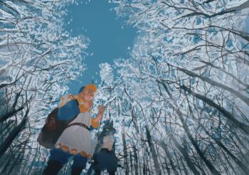 Rule 34 | 1boy, backpack, bag, bare tree, black boots, blonde hair, blue fur, blue jumpsuit, boots, brown bag, forest, fur-trimmed jumpsuit, fur trim, gen 4 pokemon, ginkgo guild uniform, grey eyes, hair over one eye, hat, highres, holding, jumpsuit, long sleeves, looking afar, lucario, male focus, multicolored hat, nature, nintendo, outdoors, pokemon, pokemon (creature), pokemon legends: arceus, red eyes, sara (yeahx2wowx2), sky, snow, spikes, standing, tree, two-tone headwear, volo (pokemon), yellow fur, yellow hat