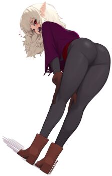 absurdres artist_name ass bent_over black_pants blush boots brown_boots brown_gloves commentary english_commentary fangs from_behind full_body gloves hands_on_own_knees highres long_hair long_pointy_ears looking_at_viewer looking_back notice_lines open_mouth original pants pointy_ears red_eyes simple_background solo thick_eyebrows white_background white_hair yoako