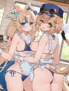 2girls ahoge animal_ear_fluff animal_ears apron ass bikini black_hair blonde_hair blue_background blue_bikini blue_eyes blue_hat breast_press breasts cat_ears commentary dooby english_commentary fins fish_tail green_eyes hat highres indie_virtual_youtuber indoors long_hair looking_at_viewer low_twintails maid_apron medium_breasts mixed-language_commentary multicolored_hair multiple_girls sameko_saba short_hair swimsuit symmetrical_docking tail thick_eyebrows twintails two-tone_hair virtual_youtuber waterring white_apron window