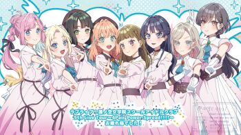 >:) 5th_live_tour_~4pair_power_spread!!!!~ 6+girls :d ahoge anyoji_hime aqua_ascot aqua_eyes aqua_ribbon ascot bare_shoulders beret black_bow black_hair black_hat blonde_hair blue_eyes blue_hair blunt_bangs blunt_ends bob_cut bow braid brown_hair card center-flap_bangs ceras_yanagida_lilienfeld closed_mouth clothing_cutout commentary_request cowboy_shot crossed_bangs curtained_hair dream_believers dress elbow_gloves fang flower gloves gradient_clothes gradient_dress gradient_hair green_eyes grey_hair hair_bow hair_flower hair_ornament hair_ribbon half_updo hat hinoshita_kaho jellyfish_cut kachimachi_kosuzu katsuragi_izumi kyaku_tasu link!_like!_love_live! long_hair long_sleeves looking_at_viewer love_live! momose_ginko multi-tied_hair multicolored_hair multiple_girls murano_sayaka neck_ribbon official_alternate_costume open_mouth orange_hair osawa_rurino outstretched_arm parted_bangs pink_dress pink_flower pink_hair pink_ribbon playing_card ponytail ribbon short_hair shoulder_cutout side_braids smile teeth triangle_hair_ornament twintails upper_teeth_only v v-shaped_eyebrows virtual_youtuber watermark white_gloves