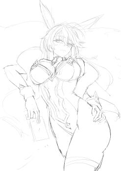 1girl absurdres animal_ears arciel_(nijuyon_zen) artoria_pendragon_(fate) artoria_pendragon_(lancer)_(fate) artoria_pendragon_(swimsuit_ruler)_(fate) bare_shoulders breasts card cleavage commentary detached_collar english_commentary fate/grand_order fate_(series) fishnets hair_between_eyes hand_on_own_hip highres large_breasts leotard long_hair looking_at_viewer necktie pantyhose playboy_bunny ponytail rabbit_ears sidelocks sketch solo upper_body wrist_cuffs