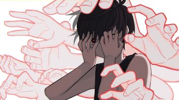 1boy absurdres antenna_hair black_eyes black_hair black_tank_top colored_skin commentary covering_own_eyes hair_between_eyes hashtag-only_commentary highres male_focus omori omori_(omori) red_pupils reiichyl short_hair simple_background solo tank_top white_background white_skin