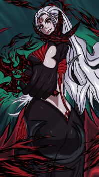 1girl absurdres armor ass battle black_eyeshadow black_gloves colored_skin eyeshadow gloves gradient_gloves grey_skin hela_(marvel) hela_(queen_in_black)_(marvel) highres huge_ass long_hair looking_at_viewer makeup marvel marvel_rivals official_alternate_costume pauldrons shoulder_armor spiked_pauldrons spikes spiral symbiote thick_thighs thighs wamiv14 white_hair